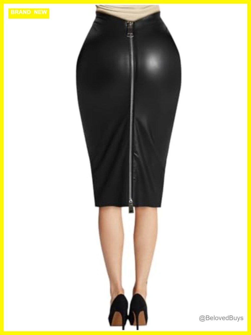 Faux Leather Pencil Skirt High Waist Midi Double Zipper Stretch